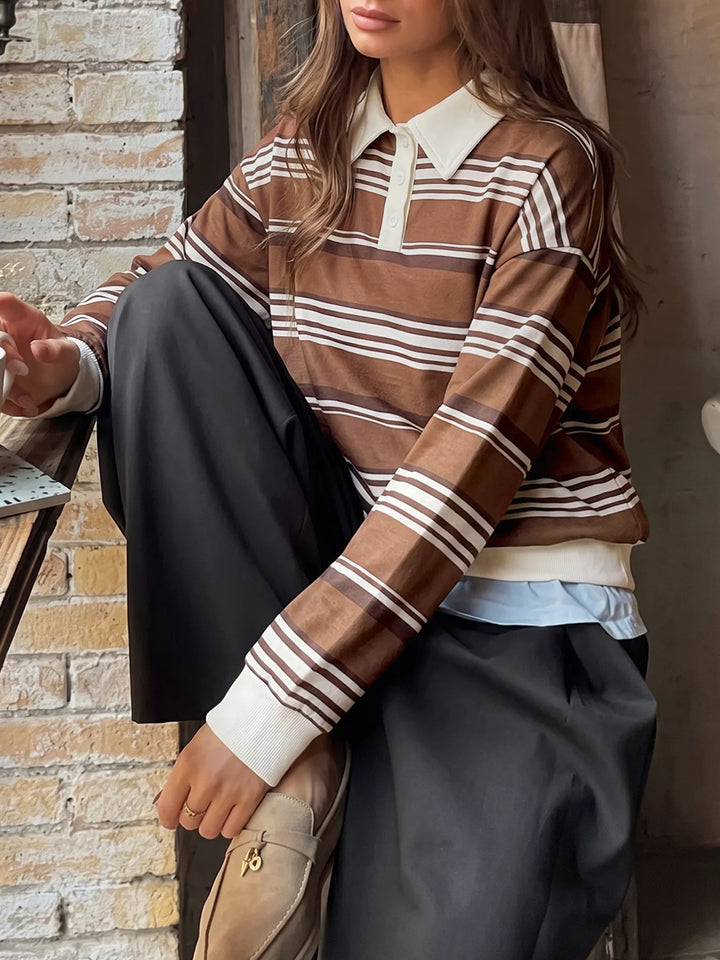 Striped drop shoulder polo sweatshirt with button placket
