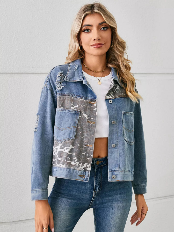 Distressed animal print cropped denim jacket
