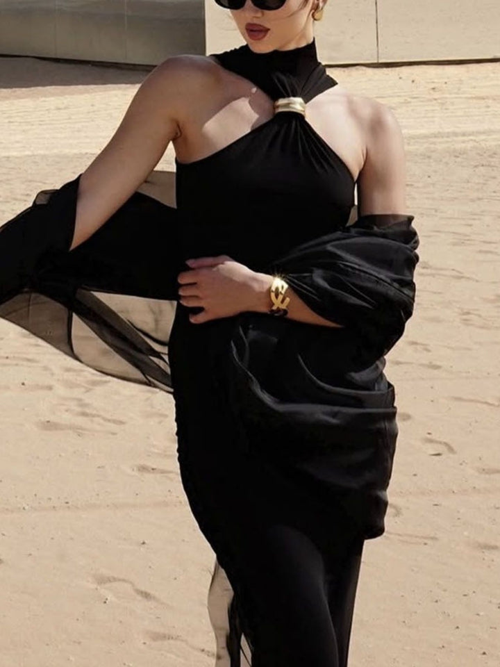 Sleeveless turtleneck tank with gold ring cutout detail