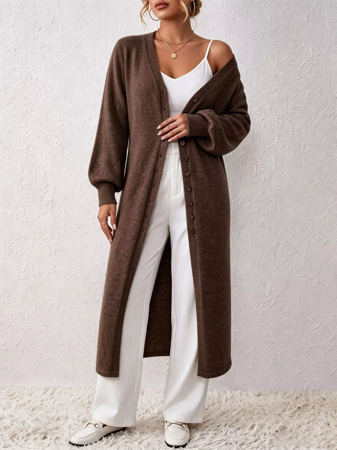 Dark Brown Button-front V-neck knit sweater midi dress