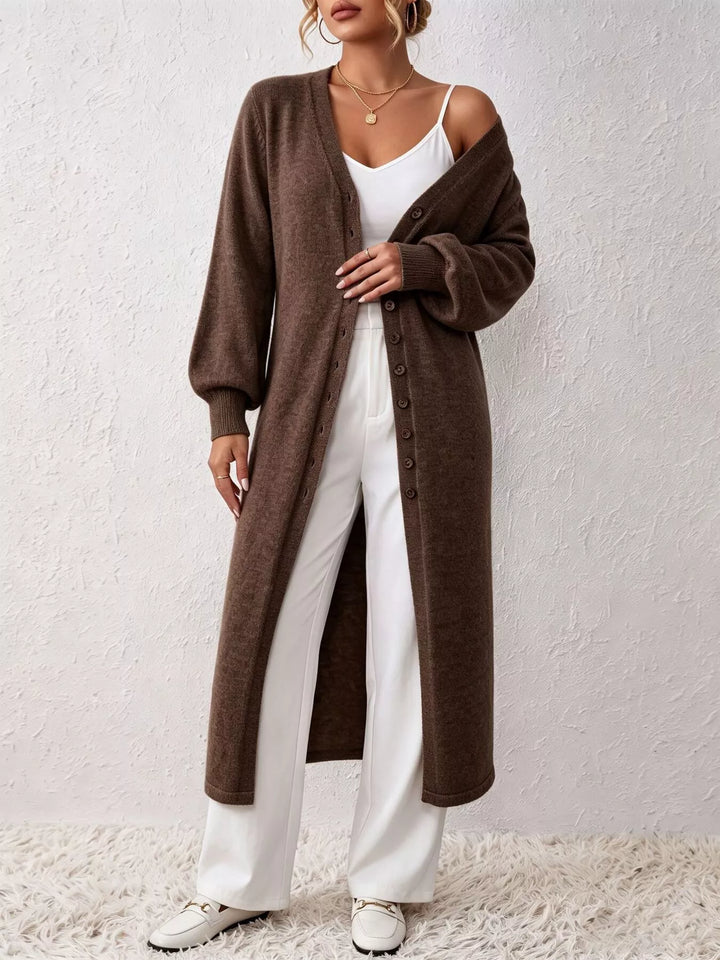 Dark Brown Button-front V-neck knit sweater midi dress