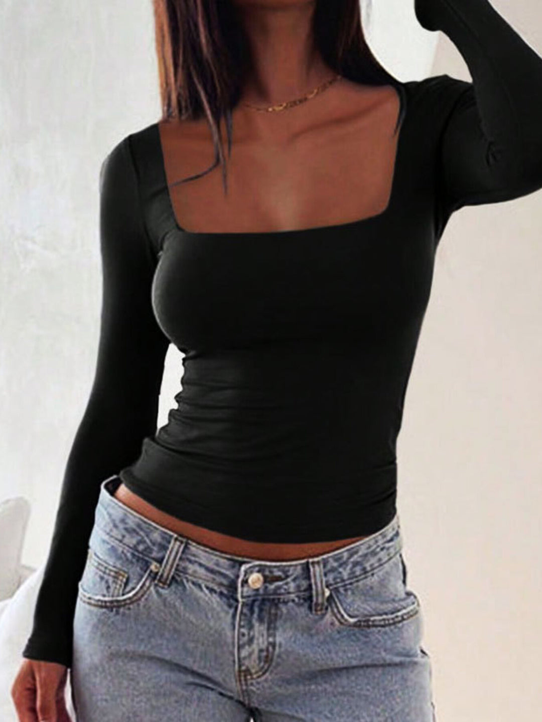 Square neck slim-fit long sleeve top with ruched sides