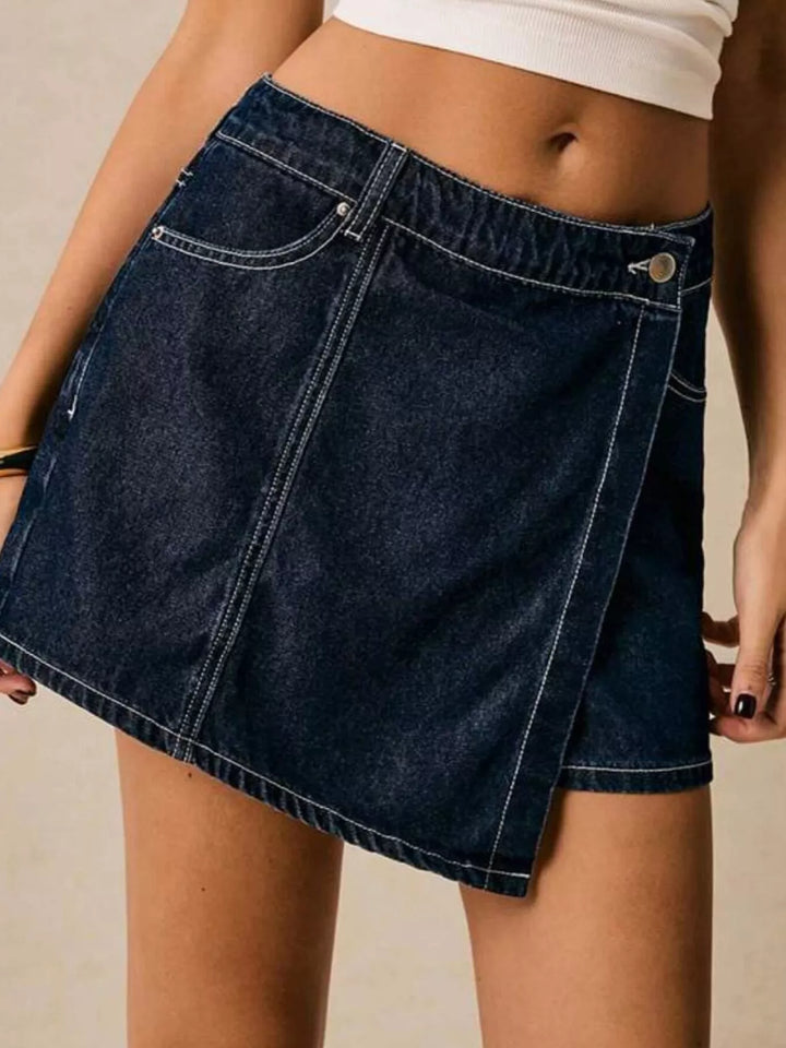 Contrast-stitch denim button-up crop shirt and skort set