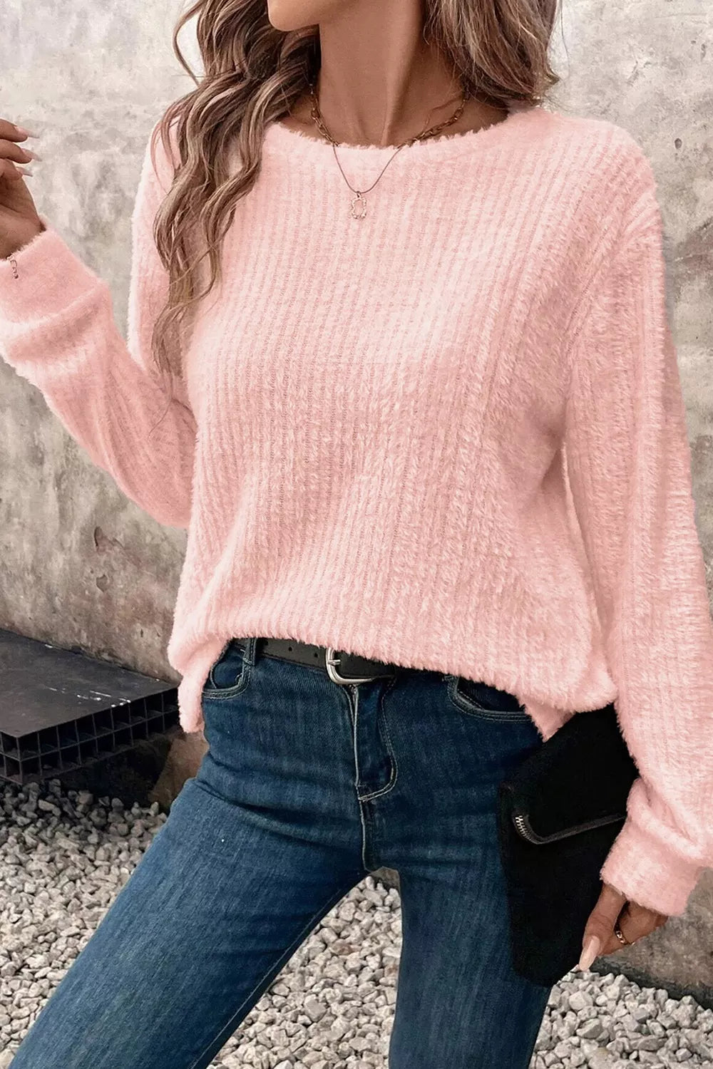 Fuzzy ribbed knit round neck long sleeve top
