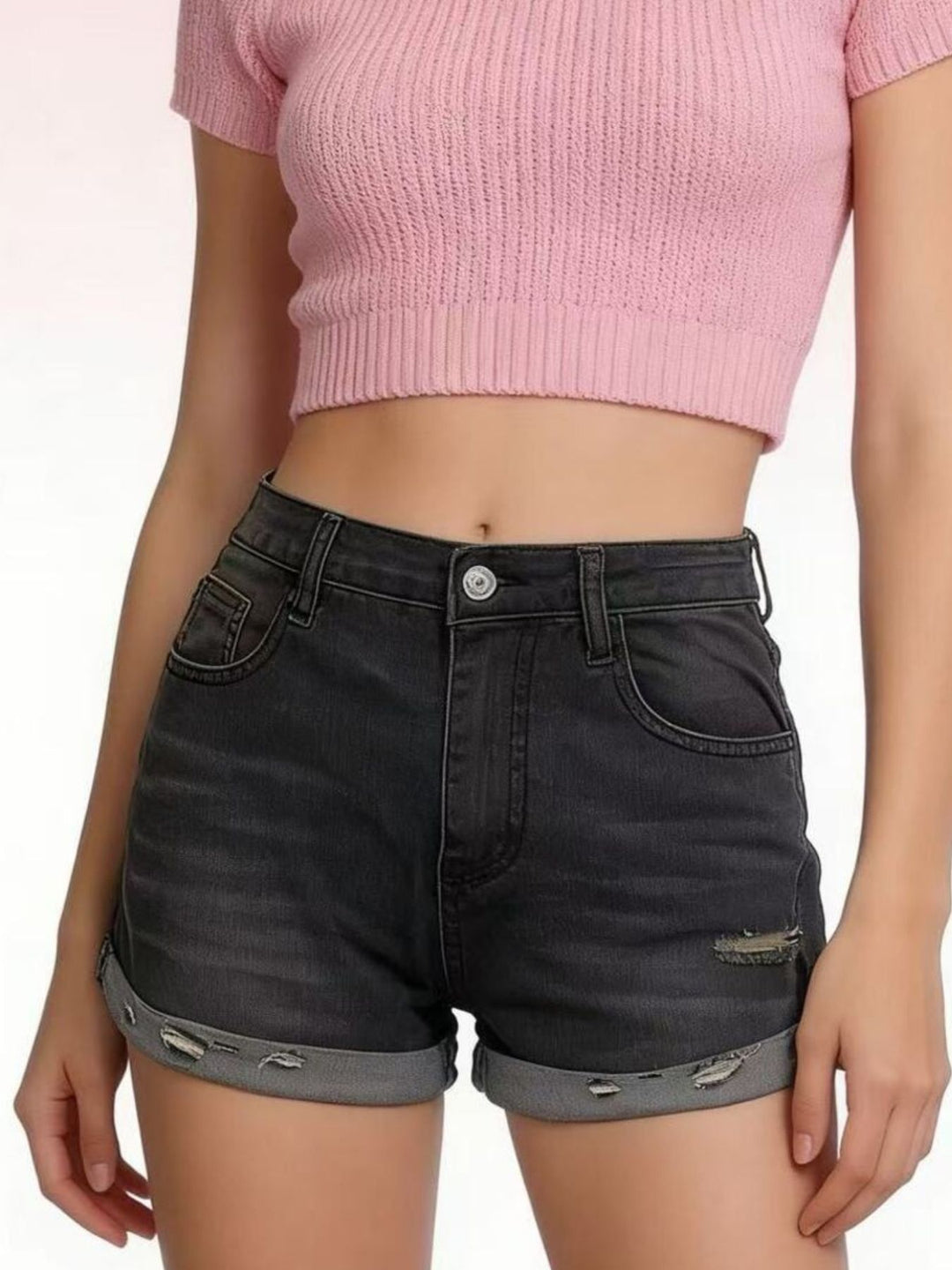 Distressed roll-up denim shorts with cuffed hem