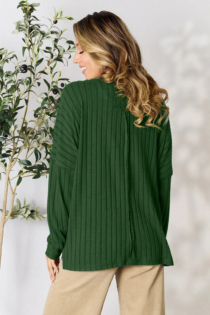 Ribbed knit round neck tunic top with side slits