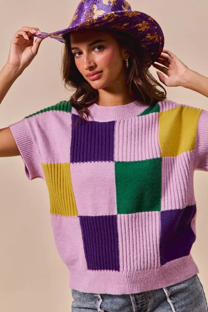 Checkerboard color-block short sleeve sweater top