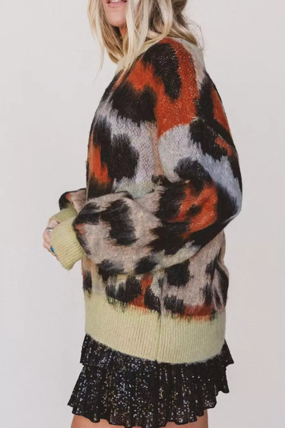 Fuzzy leopard print drop shoulder crew neck sweater