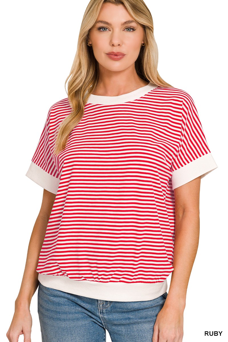 RUBY Striped short sleeve top with contrast trim and banded hem