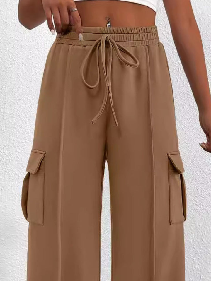 Drawstring high-waist wide-leg cargo pants with flap pockets