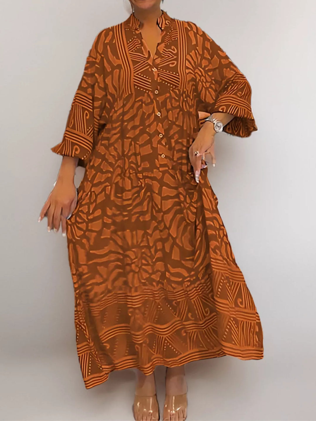 Brown Abstract print button-front tiered midi dress