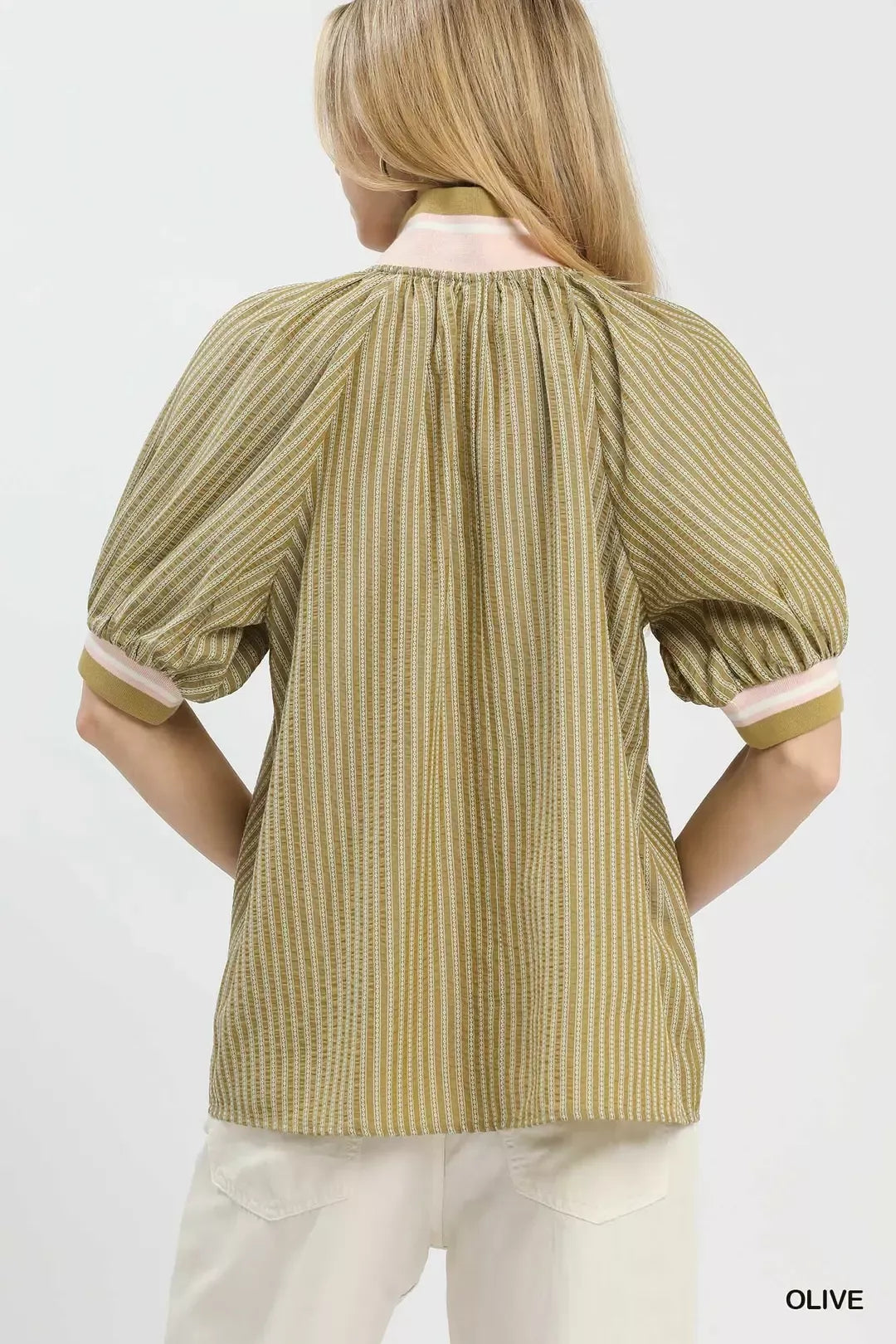 Botanical stripe half-zip blouse with puff sleeves