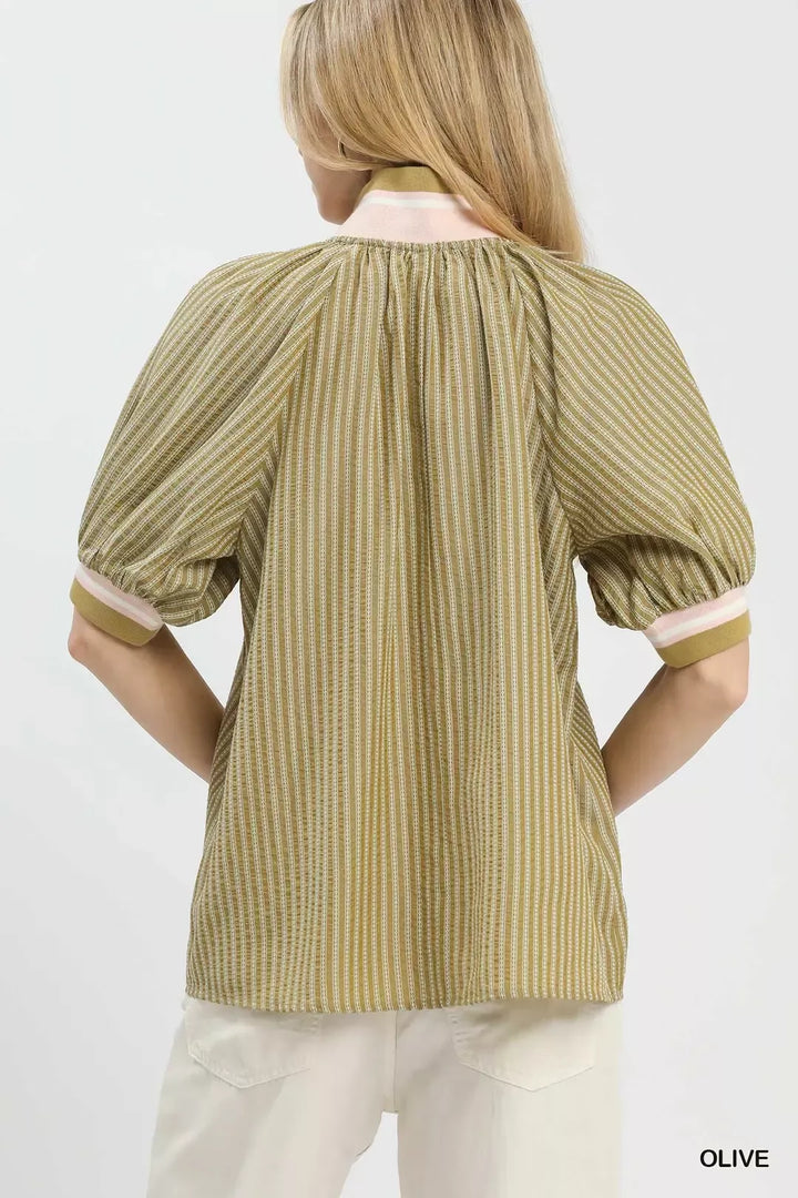 Botanical stripe half-zip blouse with puff sleeves