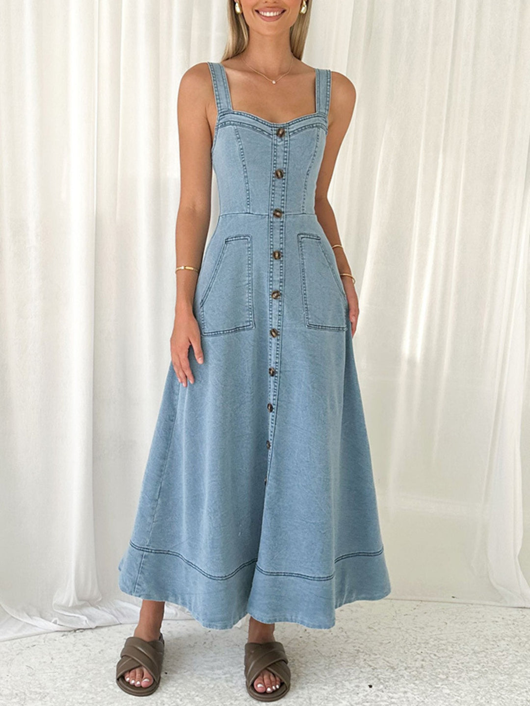 Sleeveless button-front A-line denim maxi dress