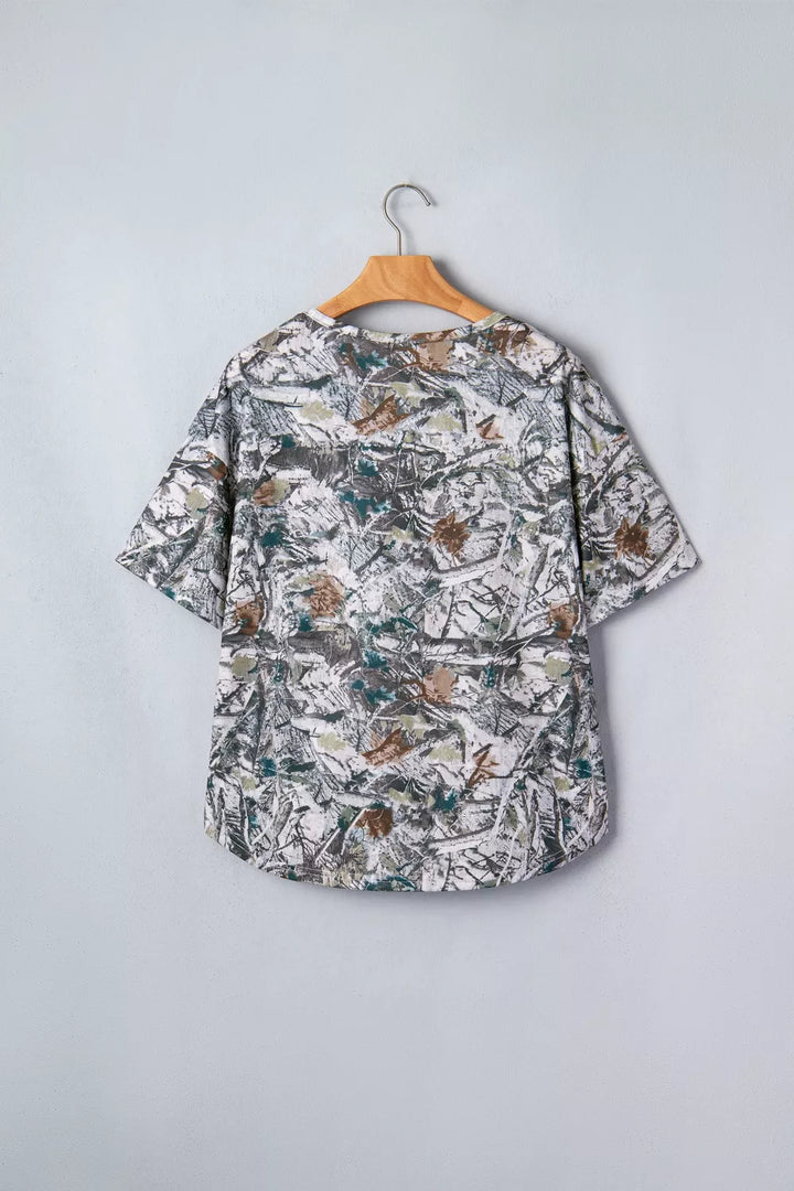 Abstract woodland print henley tunic top with pocket