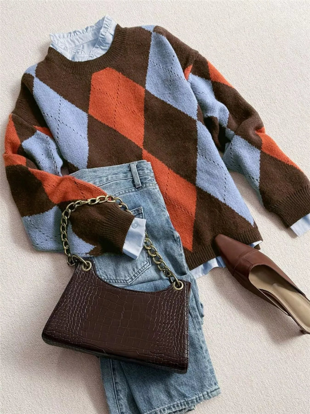 Argyle diamond knit round neck pullover sweater
