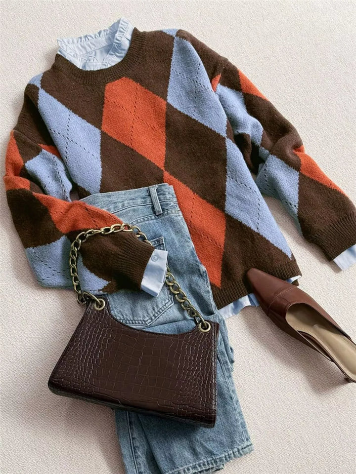 Argyle diamond knit round neck pullover sweater