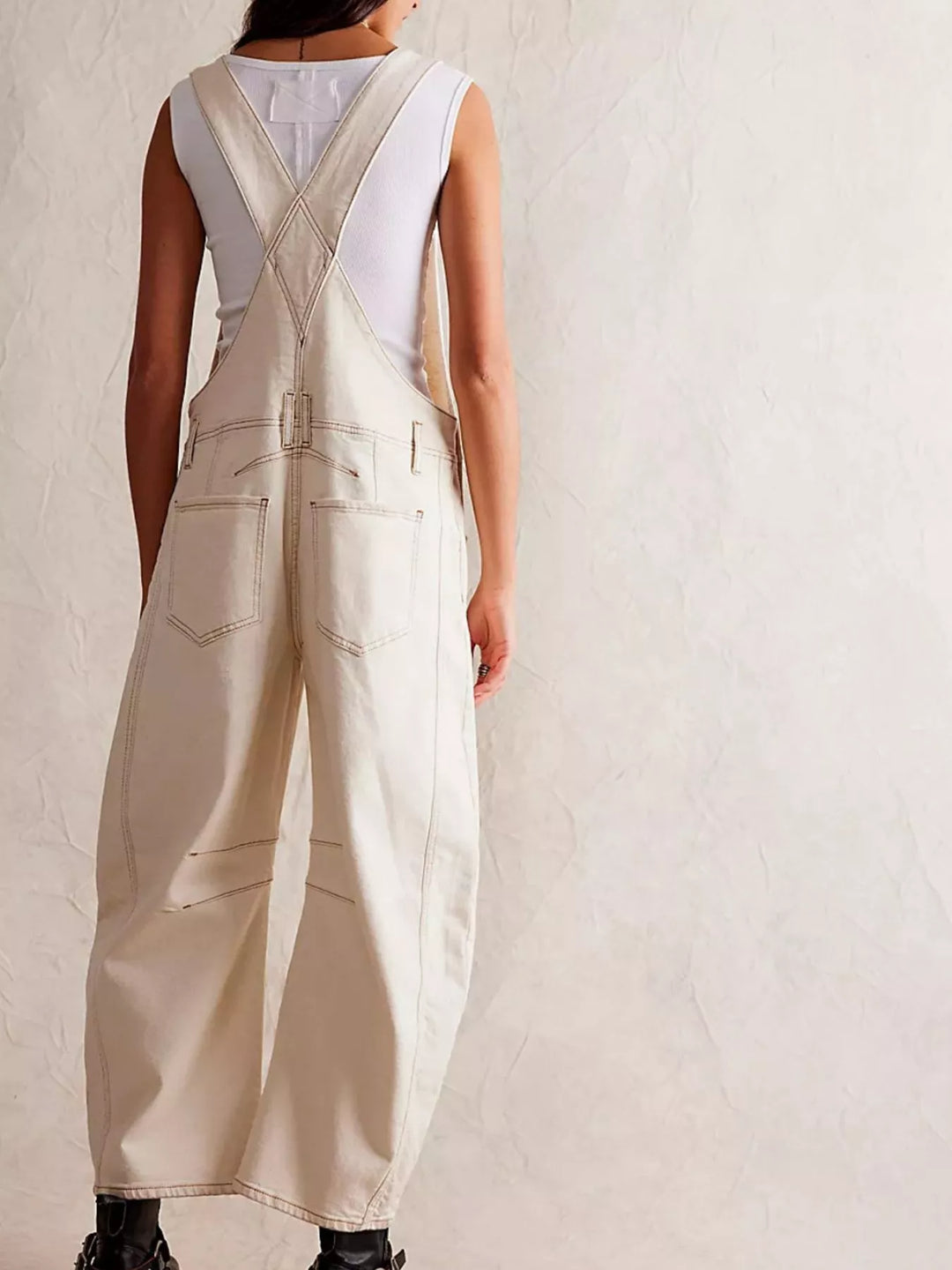 Wide-leg cotton denim overalls with adjustable straps
