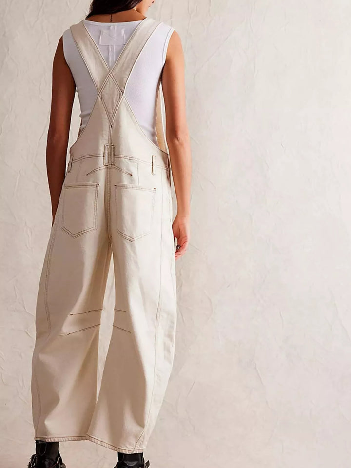 Wide-leg cotton denim overalls with adjustable straps