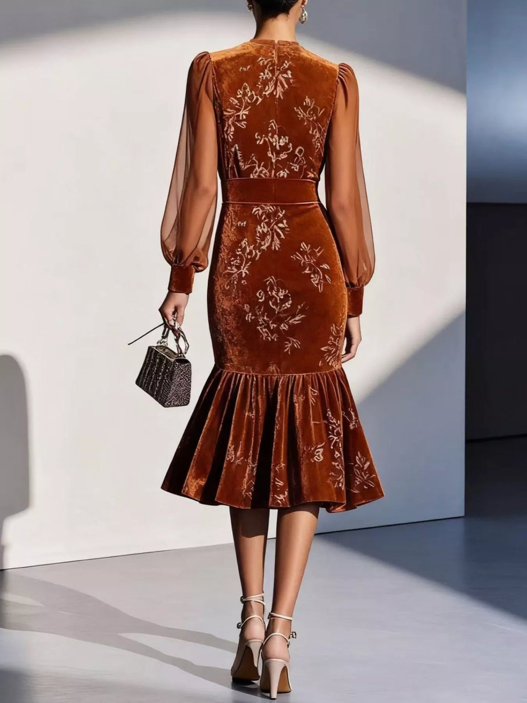 Floral velvet midi dress with sheer lantern sleeves