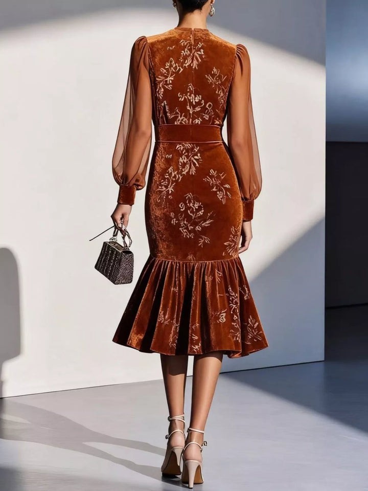 Floral velvet midi dress with sheer lantern sleeves