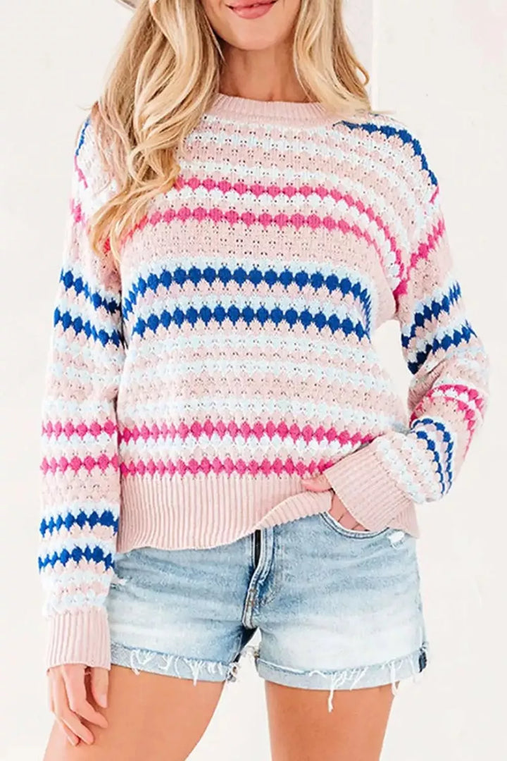 Striped pointelle knit crewneck sweater with drop shoulders