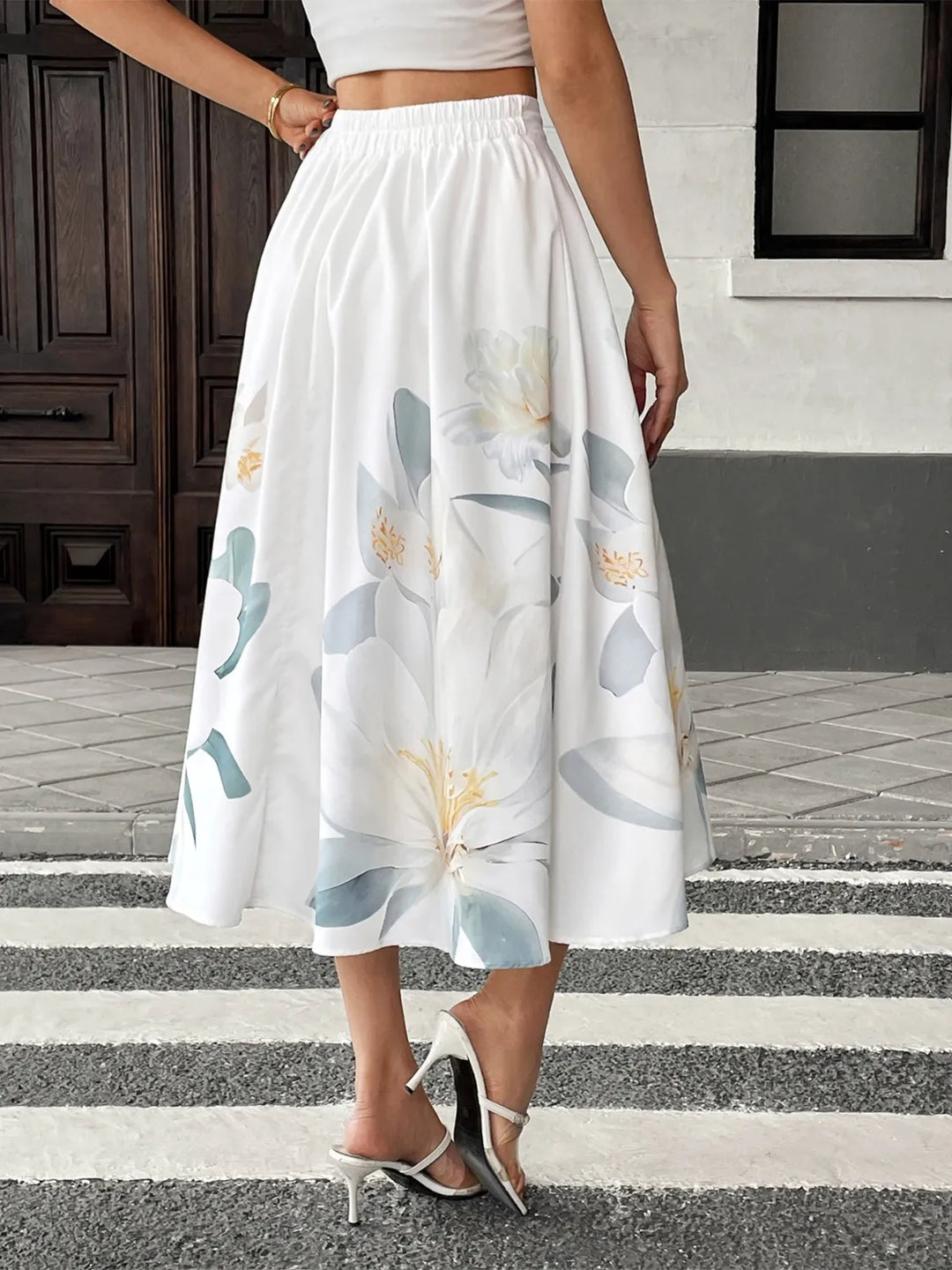 Floral print button-front A-line midi skirt