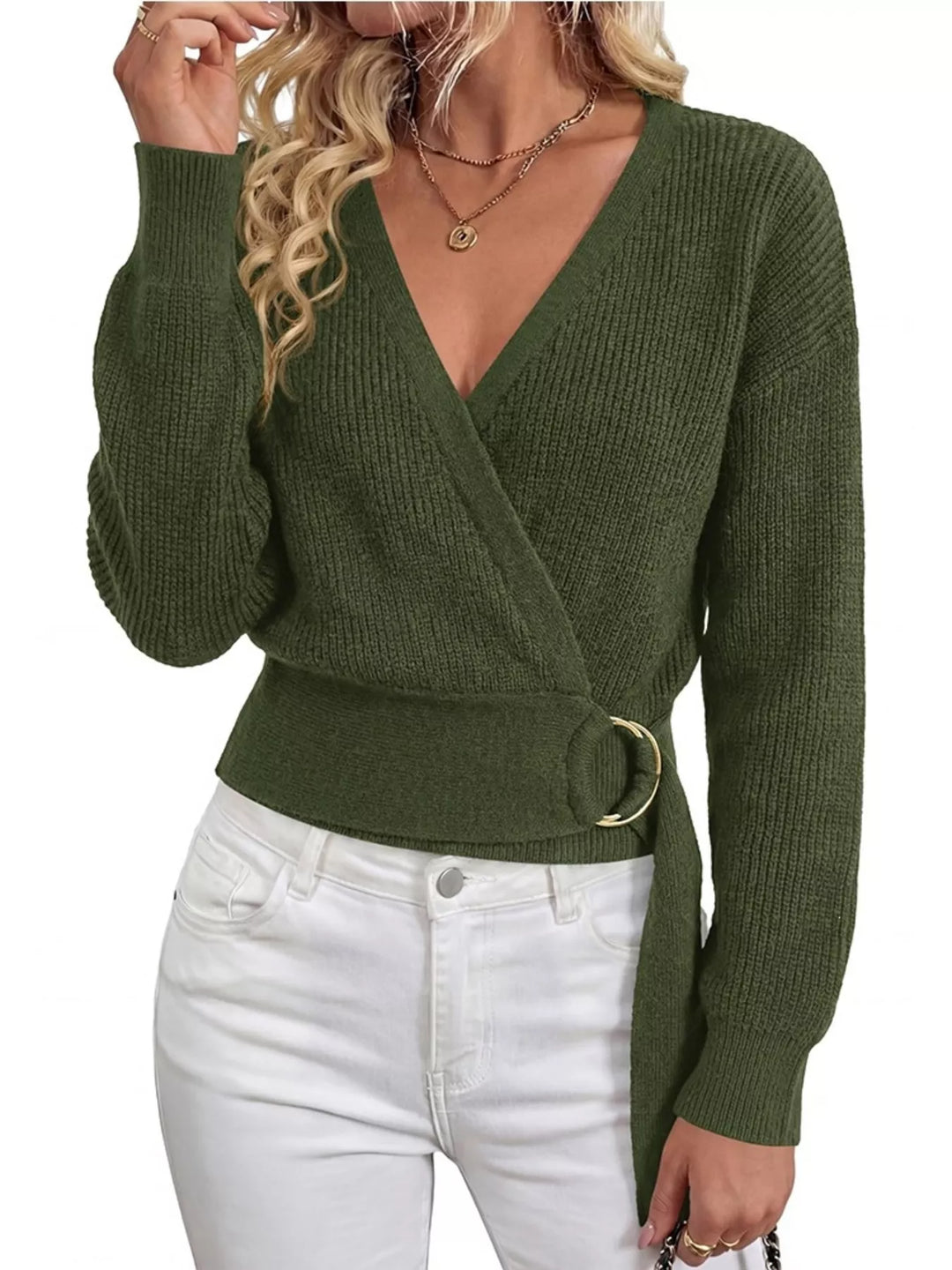 Ribbed knit wrap sweater with gold O-ring belt tie