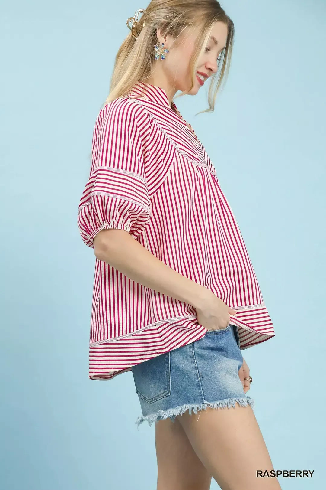 Striped puff sleeve babydoll top with notch collar