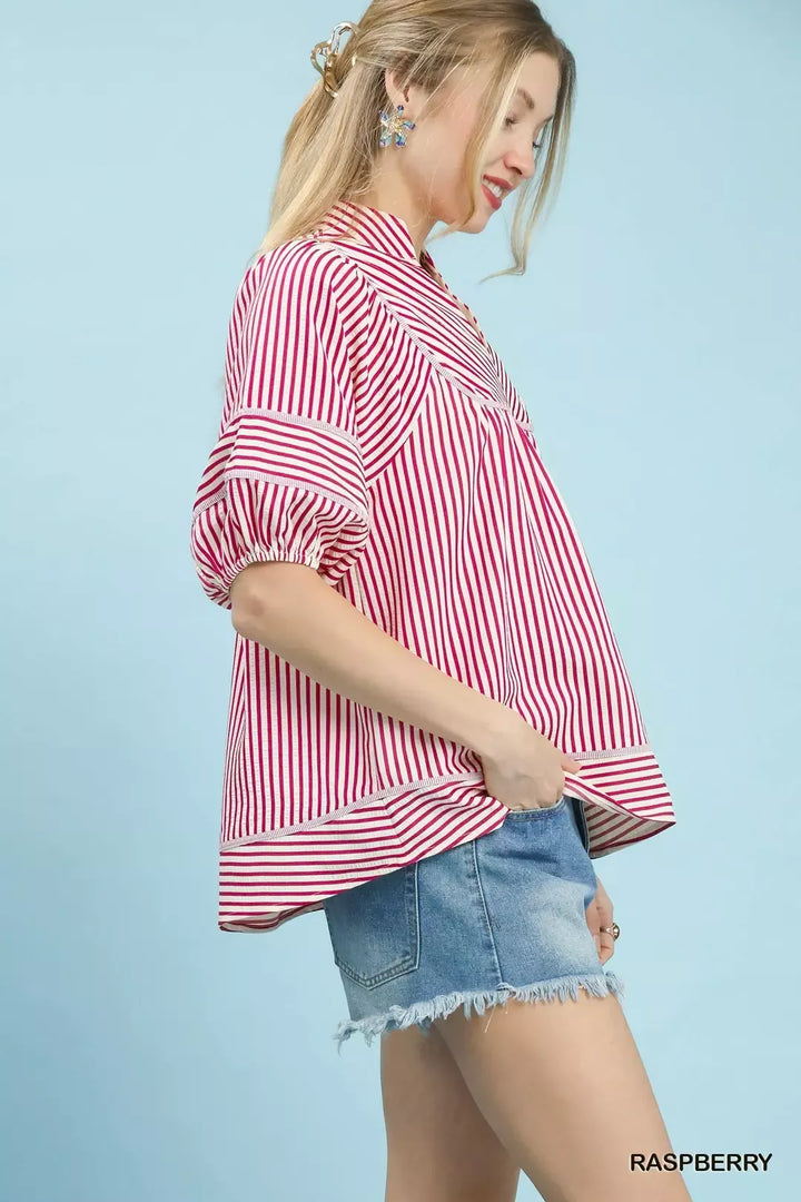 Striped puff sleeve babydoll top with notch collar