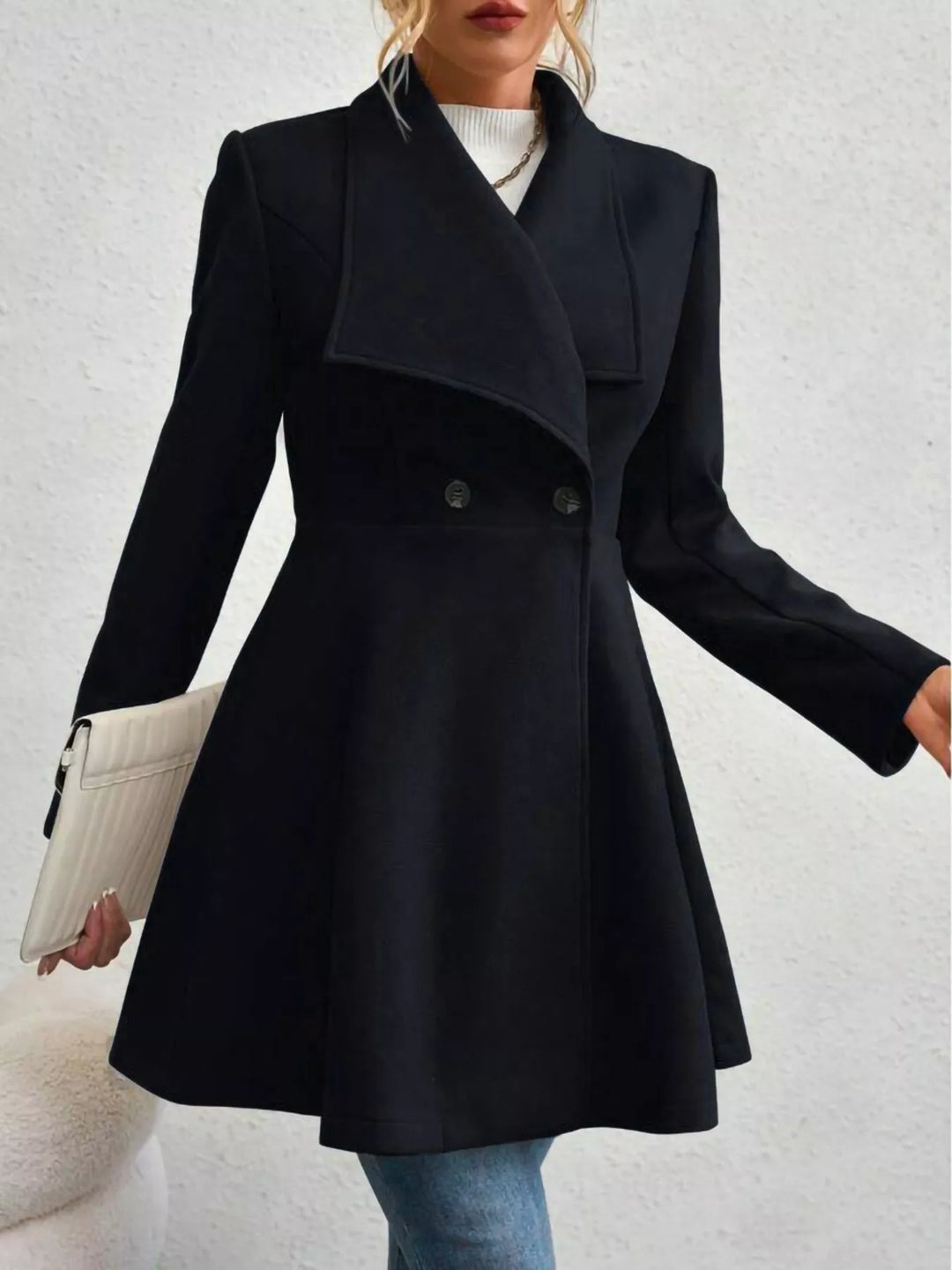 Black Wide lapel double-breasted flared coat with button tabs
