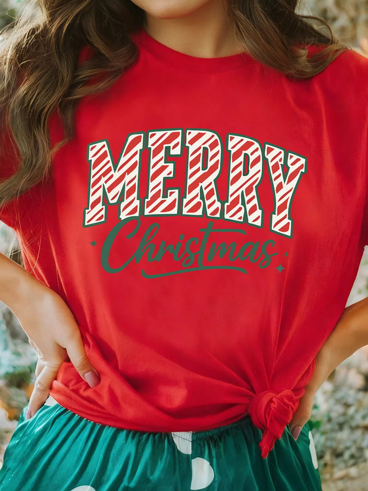 Scarlet Merry Christmas candy-cane graphic short sleeve tee