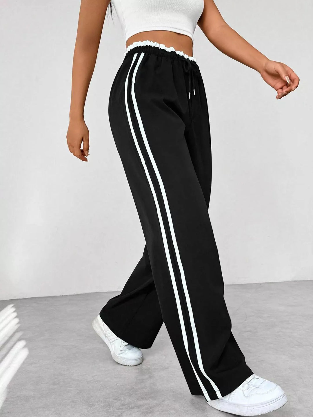 Striped side wide-leg track pants with drawstring waist