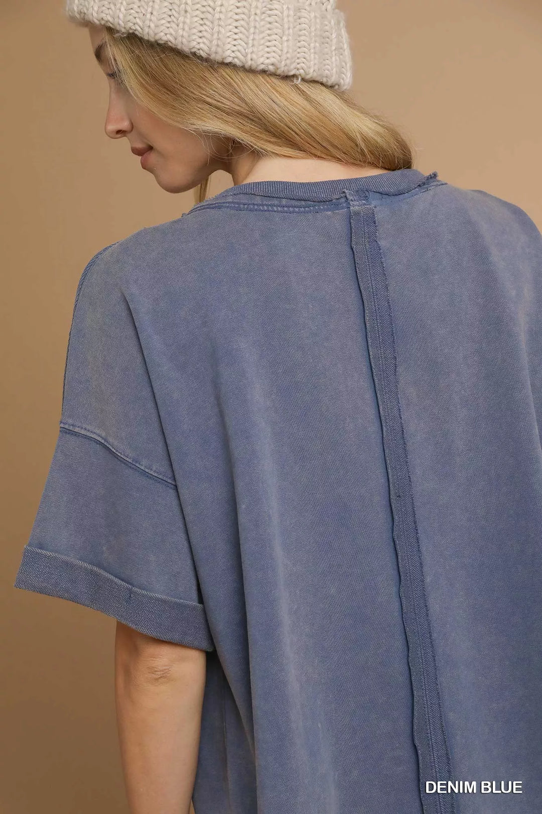 Mineral wash oversized round neck top with rolled sleeves