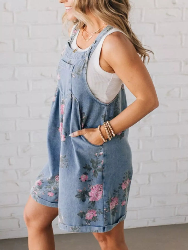 Floral rose print denim overall shorts with rolled cuffs