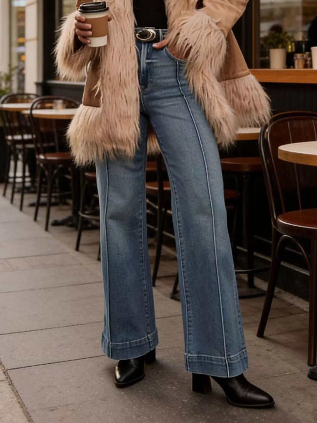 High-rise flare leg jeans with pressed center seam