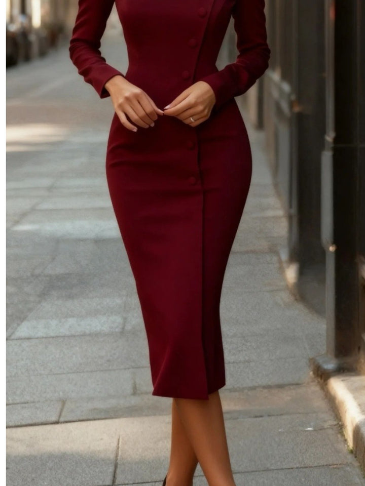 Asymmetric button-front long sleeve midi sheath dress