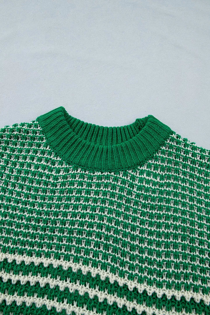 Striped textured knit sweater with drop shoulder sleeves