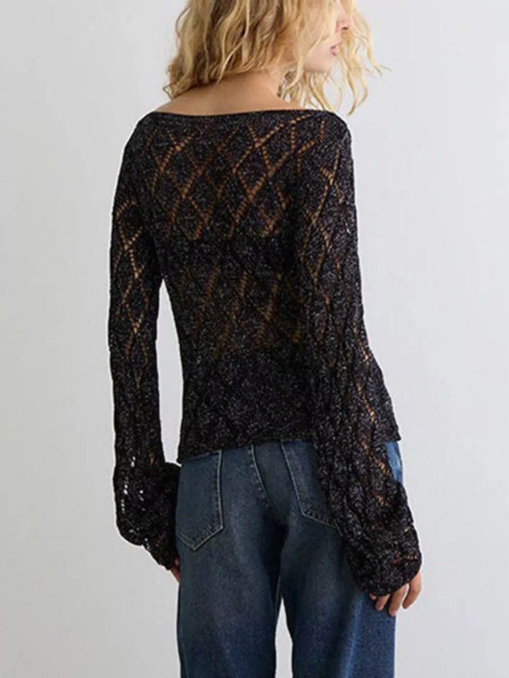 Sheer openwork knit long sleeve top with boat neck
