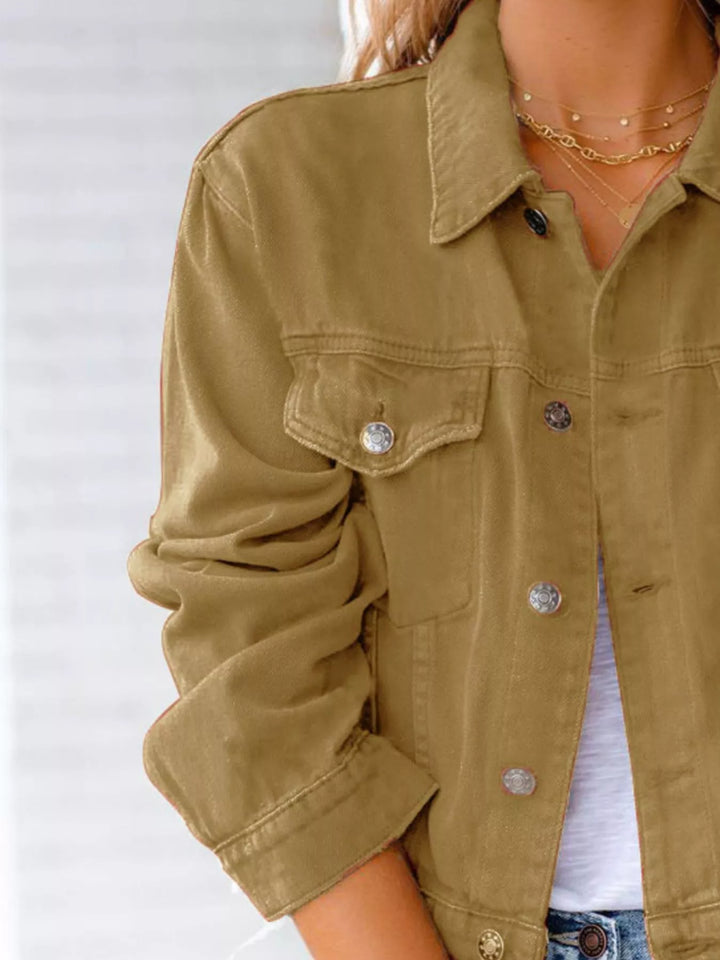 Cropped button-up denim jacket with chest pockets