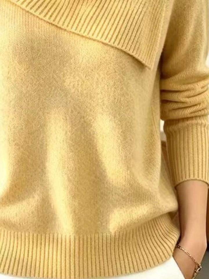 Asymmetric foldover ribbed collar knit pullover sweater