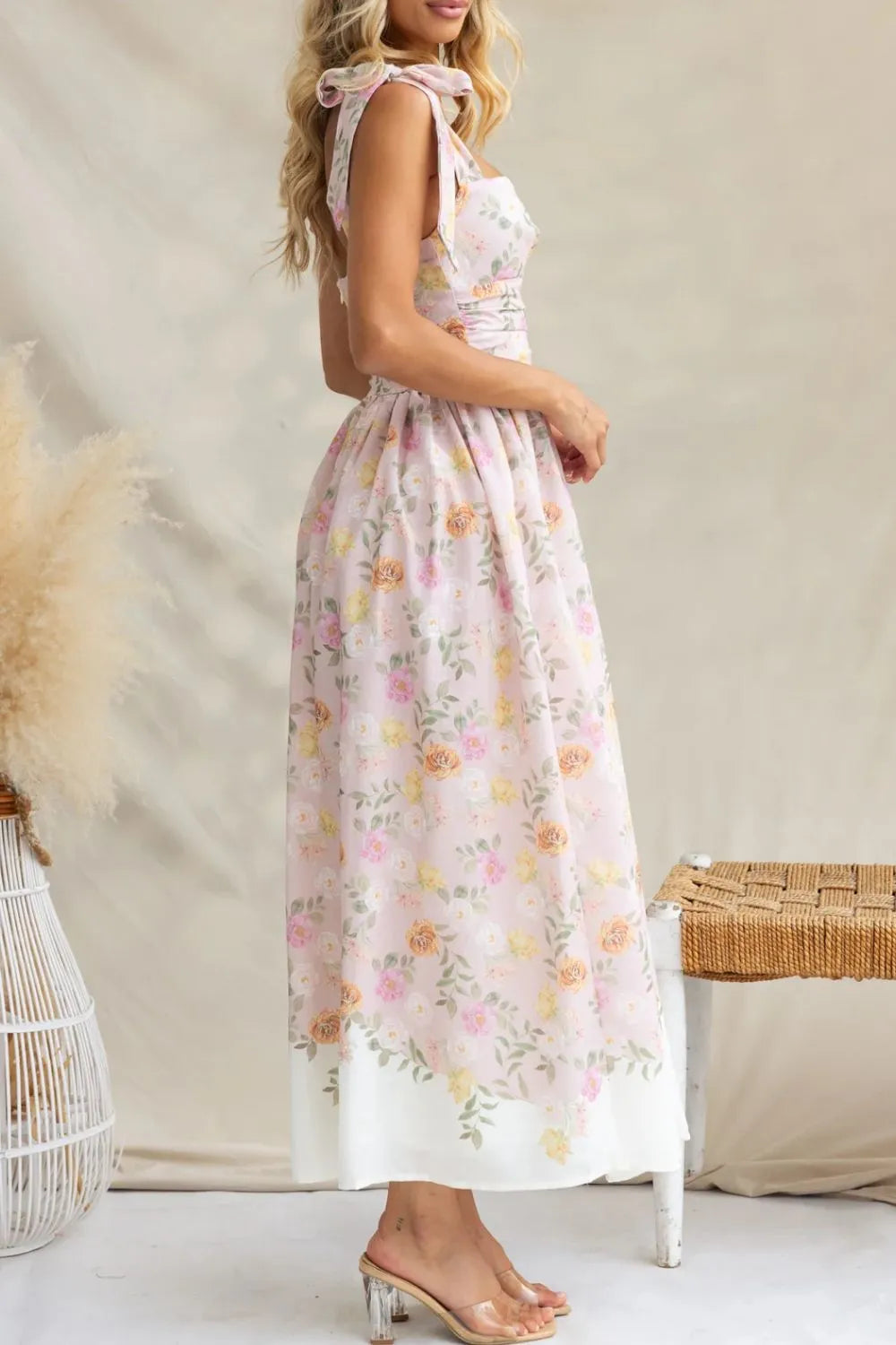 Floral tie-shoulder ruched midi cami dress