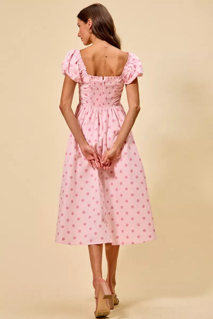 Polka dot puff sleeve midi dress with pleated bodice