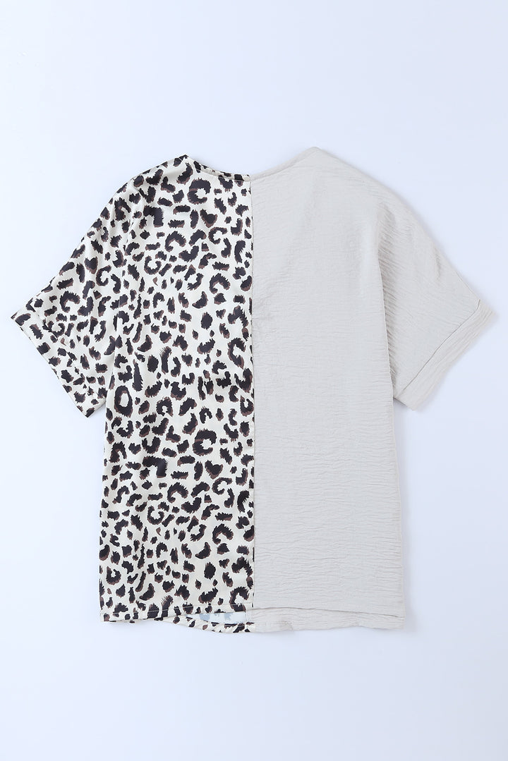 Leopard color block short-sleeve V-neck blouse
