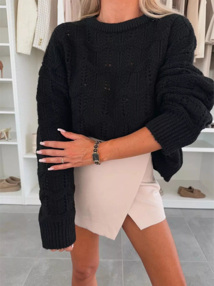 Black Openwork pointelle knit round neck sweater