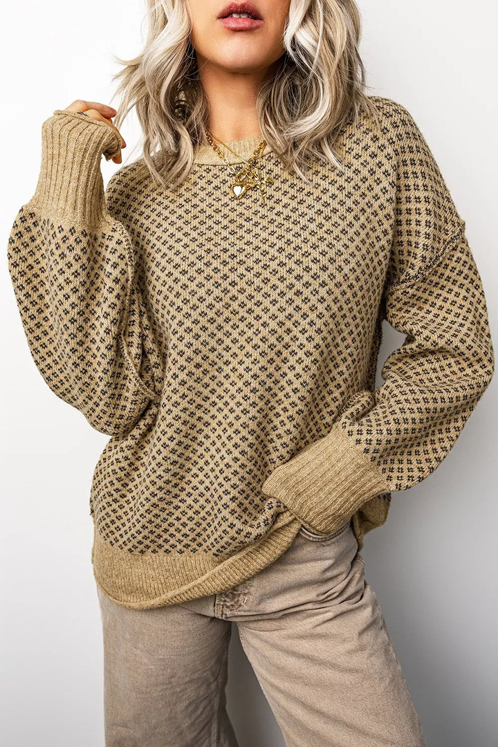 Geometric dot knit drop shoulder crew neck sweater