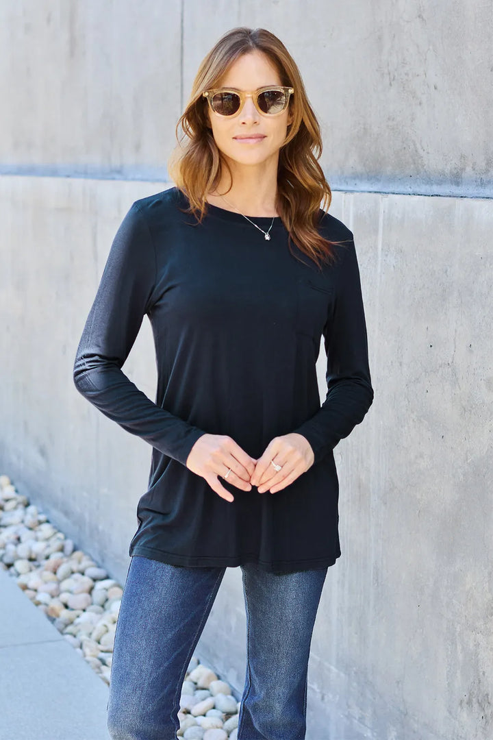 Black Long sleeve round neck tunic top with chest pocket