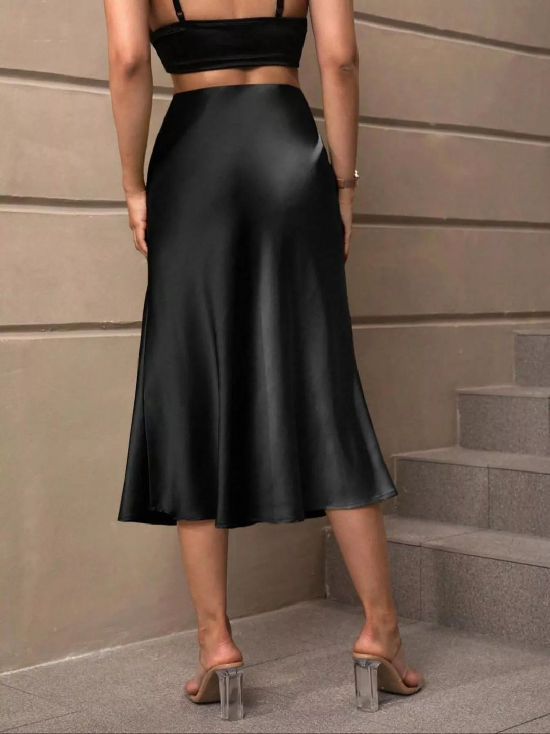 Satin midi skirt with high waist and A-line flare