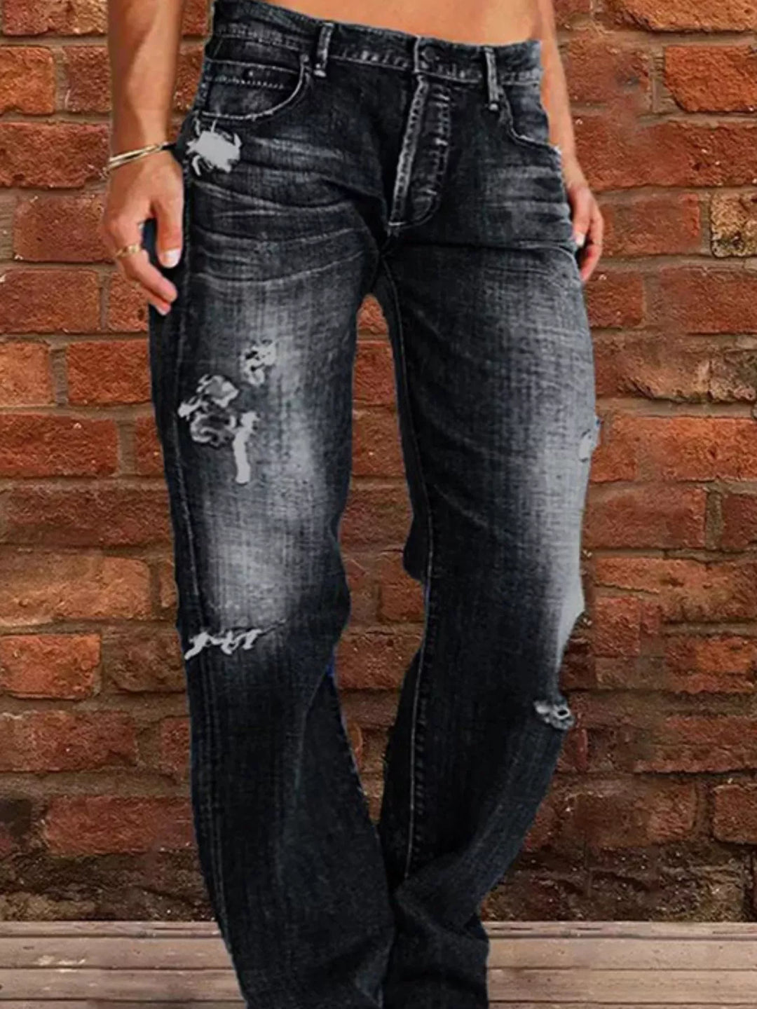Black Distressed straight-leg jeans with raw frayed hem