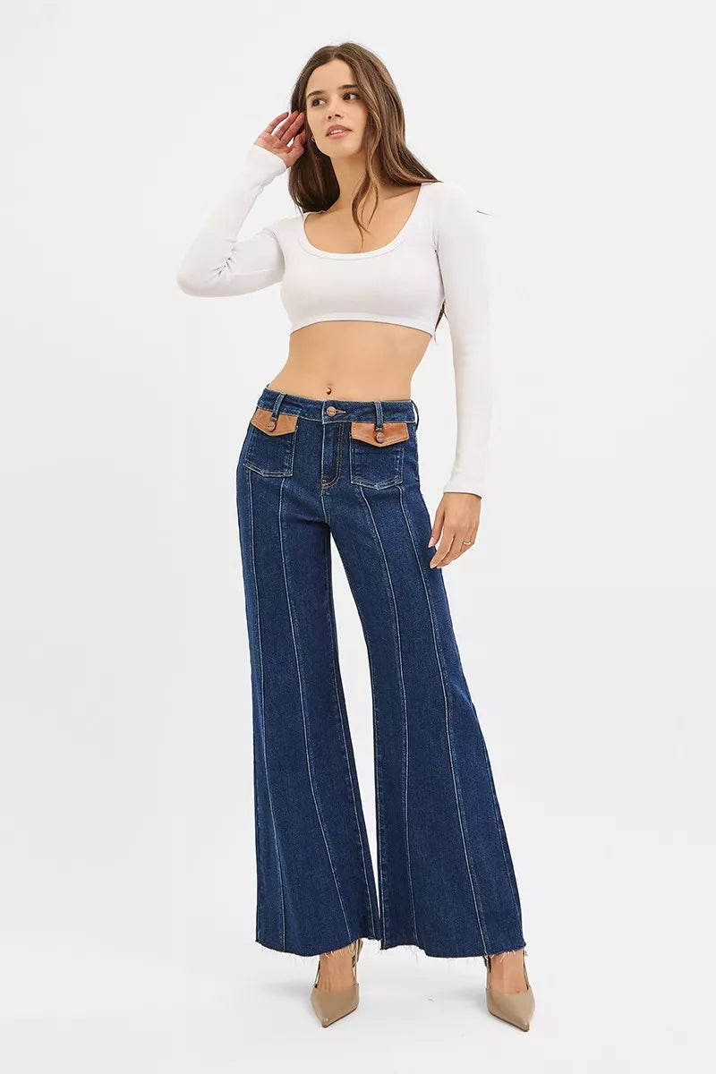 High-rise wide flare jeans with leather pocket flaps
